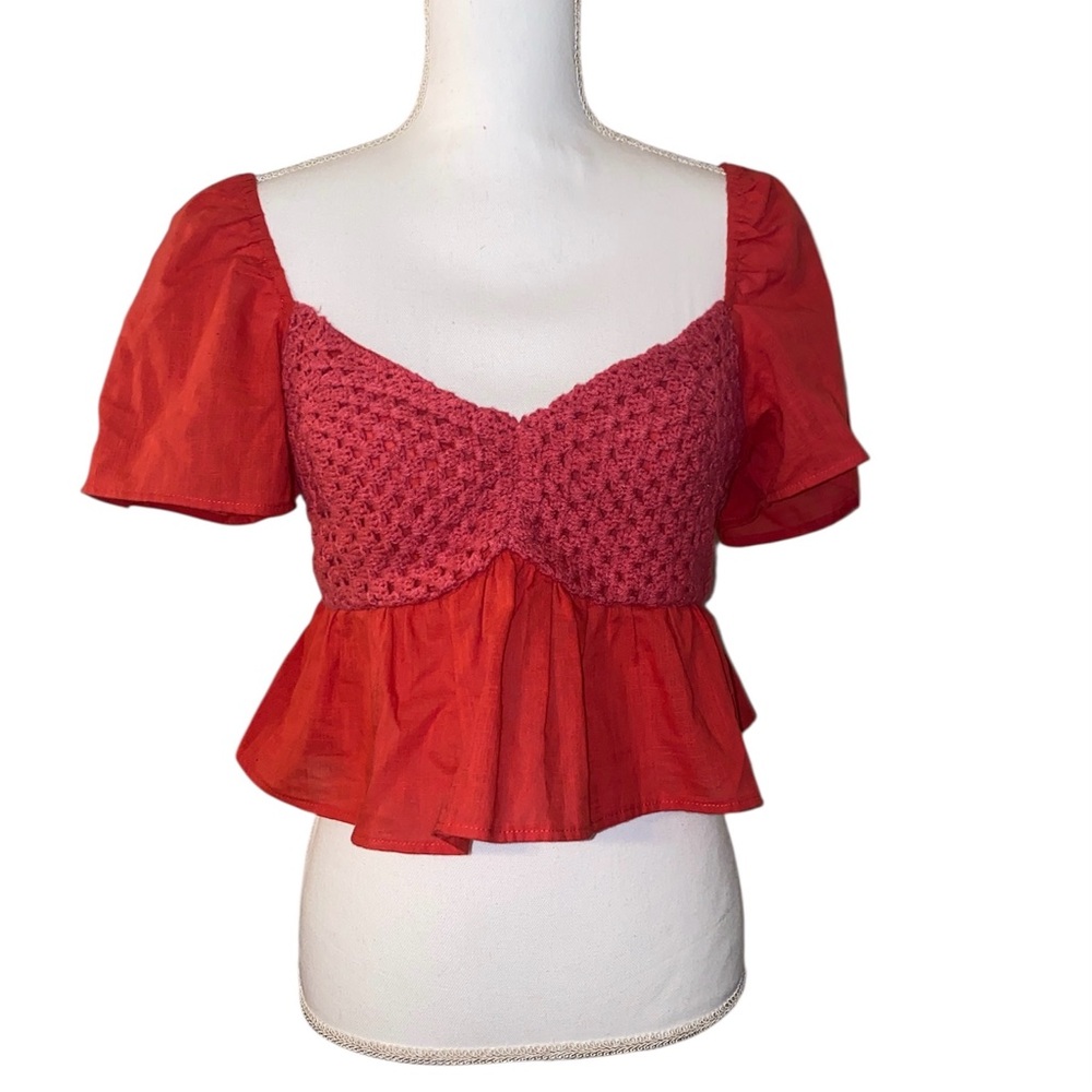 Vestique Crochet Pink Red Babydoll Smocked Puff Sleeve Blouse Shirt Medium